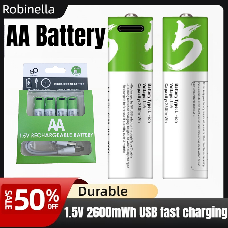 Modern Electronics Gadgets - แบตเตอรี่ลิเธียมไอออนแบบชาร์จไฟได้ USB ขนาด 1.5V AA 2600mWh