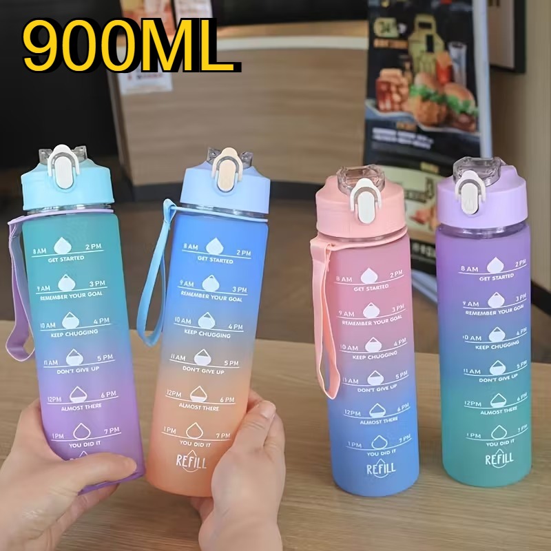 Smart Water Bottle Tracker - ขวดน้ำกีฬา 900 มล. ทนความร้อนสูง พร้อมหลอดดูดแบบมีสเกล ลายสีรุ้งแบบไล่เฉด
