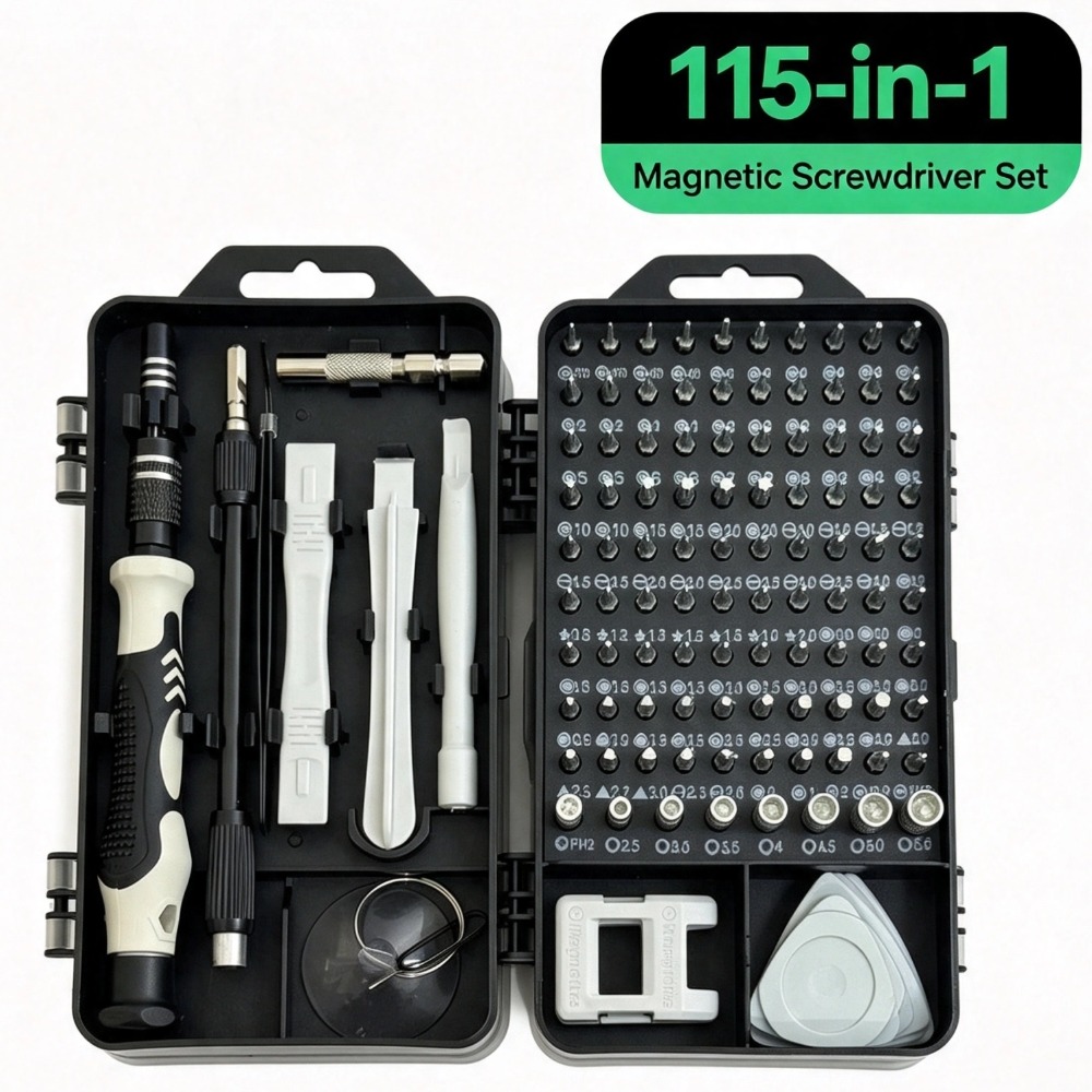 Electronics Repair Gadgets - ชุดไขควงความแม่นยำสูง 115-in-1 พร้อมก้านต่อสำหรับงานซ่อมมืออาชีพ เหมาะสำหรับการถอดประกอบโทรศัพท์ แล็ปท็อป แท็บเล็ต